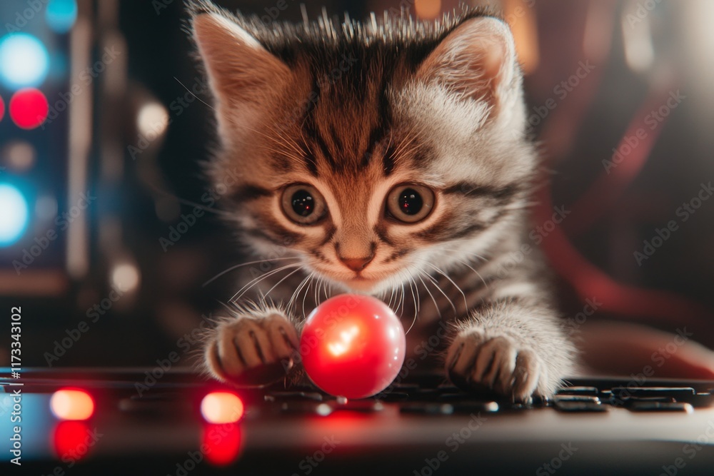 Poster a futuristic depiction of a robotic kitten with glowing led eyes, playing with a holographic ball in
