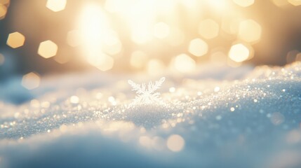 A close-up of a snowflake resting on soft snow, with gentle sparkling highlights and a blurred winter background, evoking the stillness and magic of winter