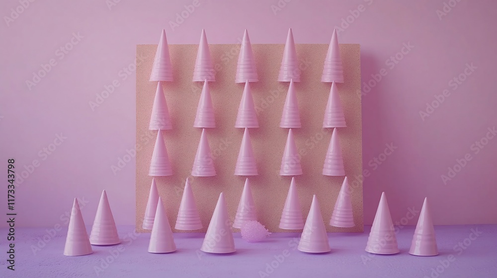 Poster pink pastel cones arranged in grid pattern on a light purple background.