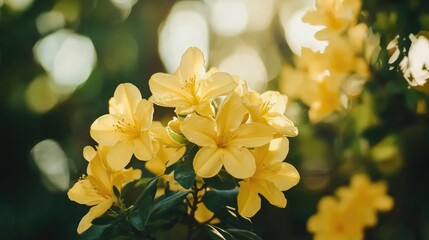 A close-up of bright yellow flowers basking in soft sunlight, with a bokeh background of greenery, creating a peaceful and natural ambiance