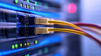 Modern Office Setting Featuring Organized Network with Ethernet Cables Connected to Advanced Devices for Reliable High Speed Data Communication