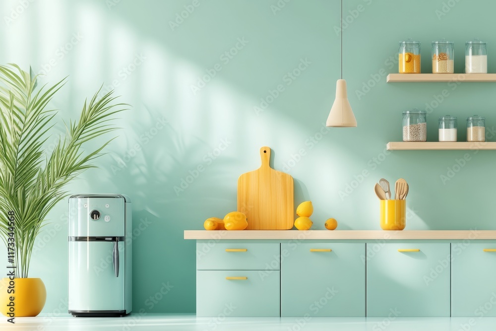 Poster a geometric illustration of a kitchen, focusing on abstract shapes and clean design elements