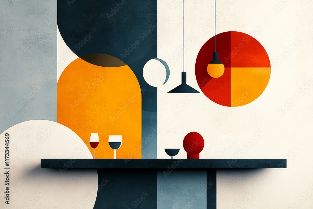 Poster a geometric illustration of a kitchen, focusing on abstract shapes and clean design elements