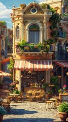 Obraz premium A charming outdoor caf? with vibrant flowers and inviting seating in a picturesque setting.