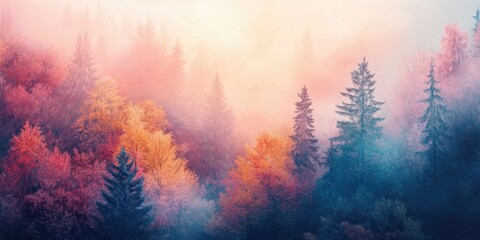 Obraz premium Autumnal Forest Panorama with Misty Morning Vibes