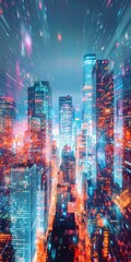 Fototapeta premium A stunning view of a futuristic city skyline illuminated by vibrant neon lights, showcasing modern skyscrapers and dynamic urban energy.