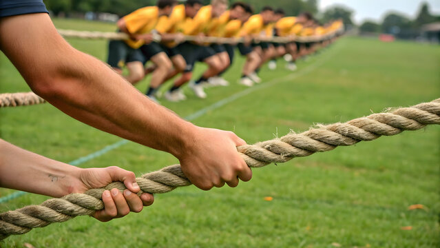 Team Building Exercise with Tug of War Competition on Grass Field - Powered by Adobe