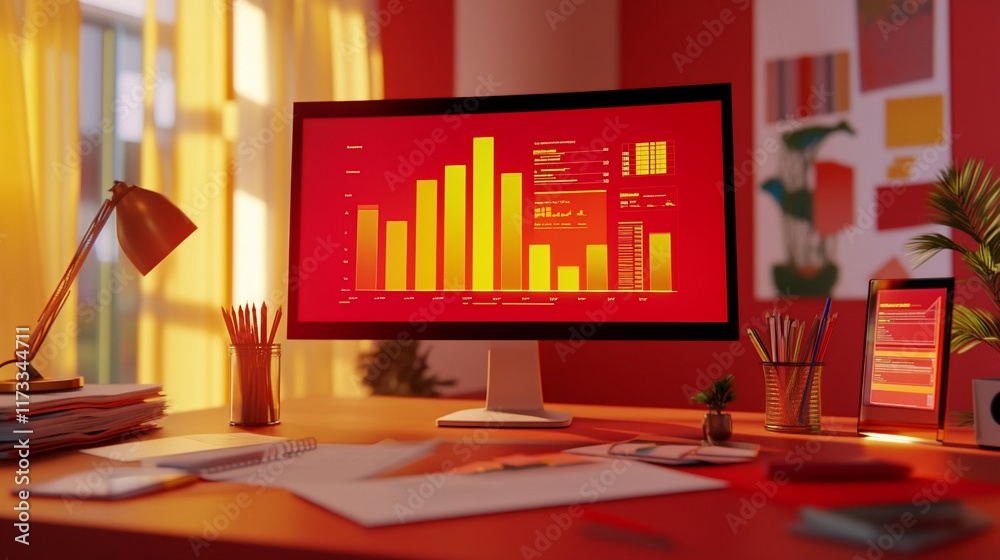 Poster Computer screen displaying bar graph data, on a desk with office supplies in a home office setting.