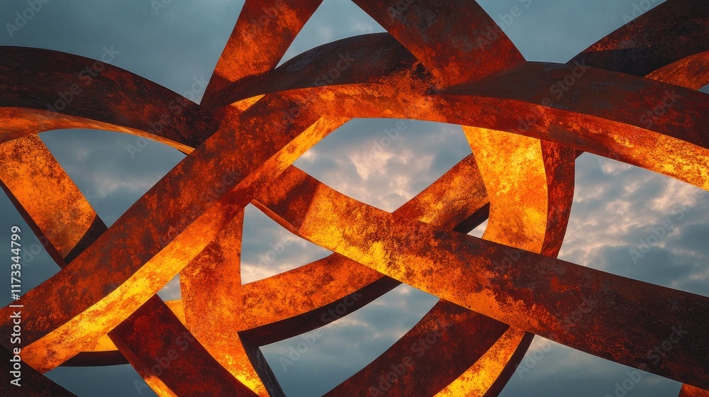 Aufkleber a close-up of rusted metal bars intertwined in an intricate pattern, glowing softly under the evenin