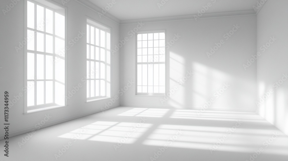 Aufkleber Sunlight streams through large windows in an empty, white room.