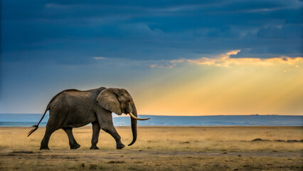 Fototapeta premium Majestic Elephant Walking Through Vast Savannah Under Dramatic Sky