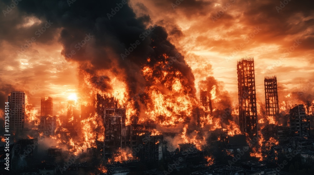 Poster huge fire destroying buildings in war torn city, creating apocalyptic scene with intense flames and 