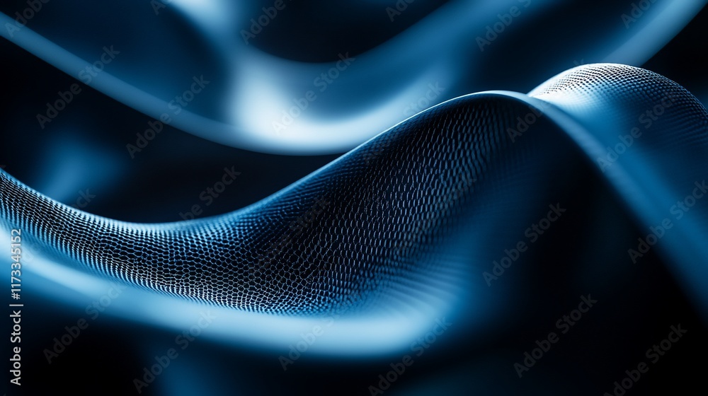 Poster Abstract blue waves, textured surface, 3D rendering, dark background, flowing lines, dynamic curves, elegant design.