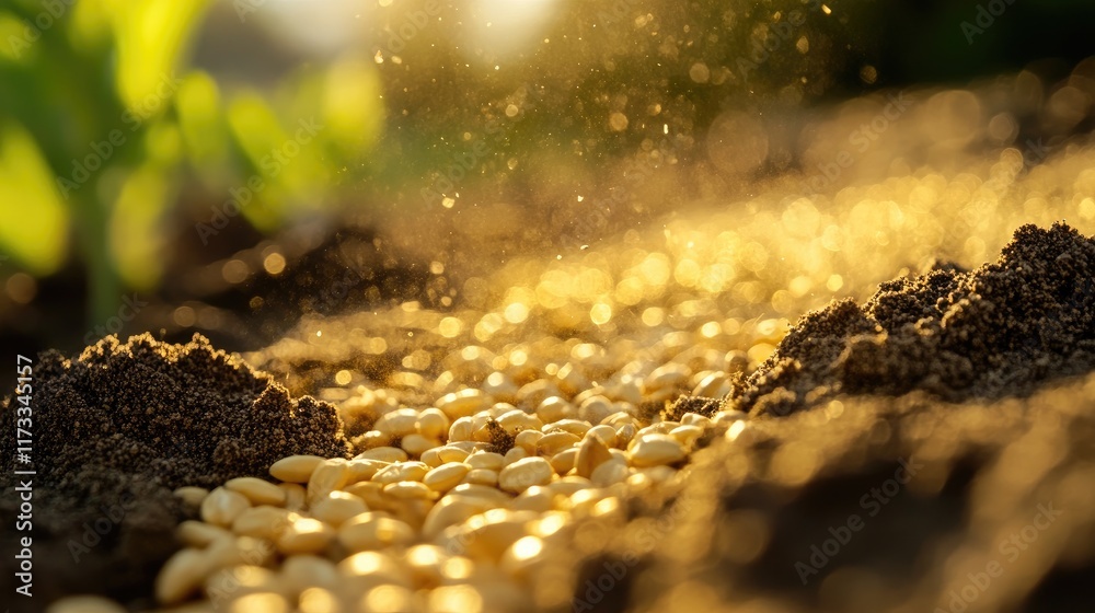 Poster A close-up view of golden grains embedded in the soft, rich soil, highlighting the connection between nature and agriculture