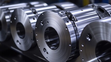 A close-up view of large aluminum steel rolls inside a factory, focusing on the meticulous craftsmanship and high-tech machinery that drives the manufacturing process