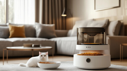 A robotic pet feeder dispensing food for a small bowl in a cozy home corner