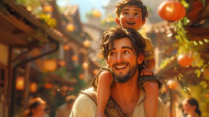 A lively animated setting with a man carrying a child on his shoulders, both surrounded by colorful lanterns and greenery, adding to the festive feel.
