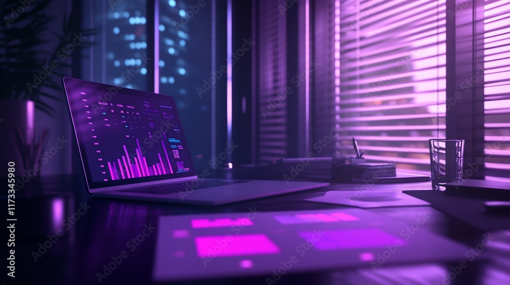 Poster laptop displaying financial data on a desk at night, city view from window.