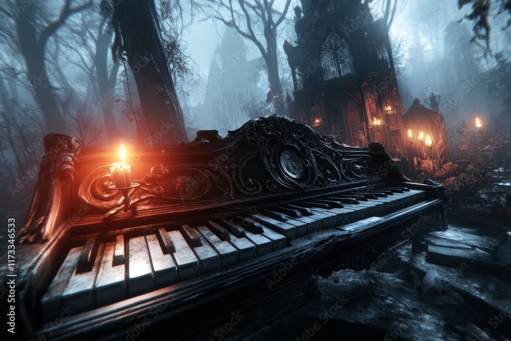 Poster a gothic depiction of a keyboard, with dark, ornate keys glowing faintly under candlelight in a shad