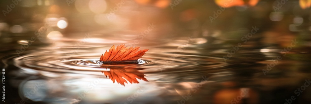 Aufkleber single red leaf floats on calm water, creating ripples and reflecting sunlight.