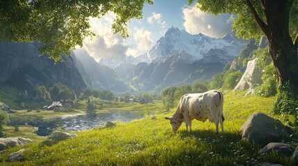 Fototapeta premium A cow grazing peacefully in lush green grass, framed by majestic mountains and under a brilliant sunny sky, capturing rural beauty at its finest