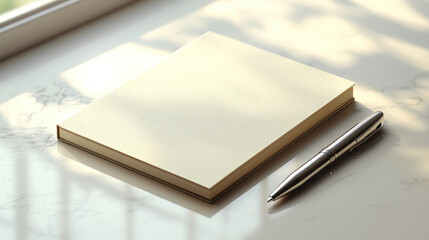 Blank notebook and pen on marble table by window with tree shadow