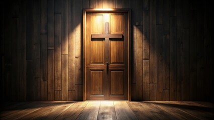 Obraz premium Dark room with cross shaped door, soft lighting creates deep shadows and mystery, texture of the door is visible through the wood grain , interior design, wooden door