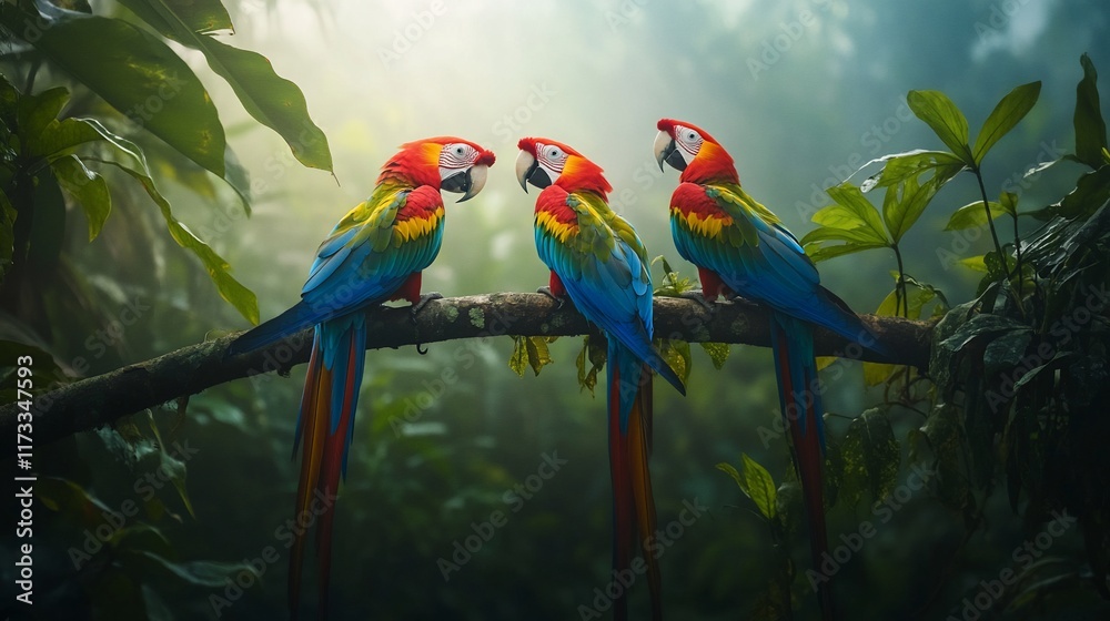 Poster three vibrant macaws perched on a branch in a lush, misty rainforest.