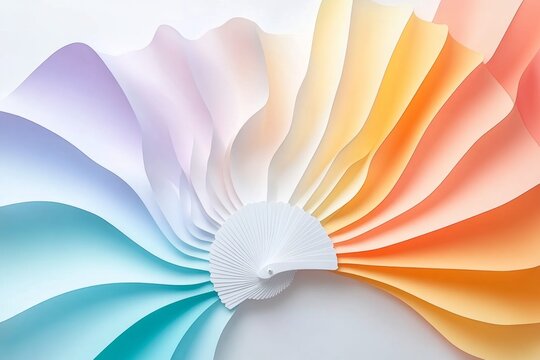 A minimalist depiction of a Korean fan, with bold curves and soft pastel colors