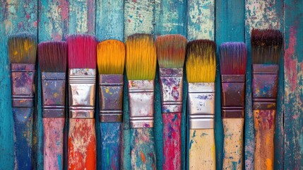 Various paintbrushes display bright colors lined up on painted wooden planks