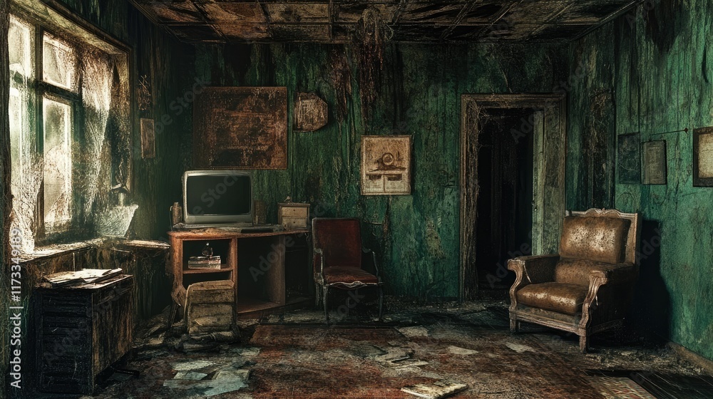Poster a deteriorated and dilapidated room with cracked walls and a worn-down appearance, evoking an atmosp