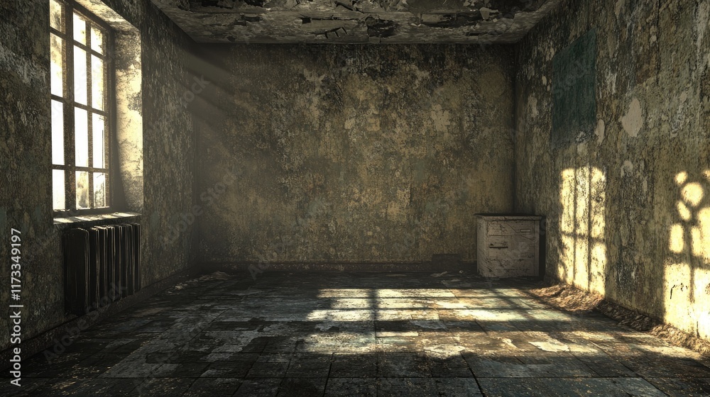 Poster a deteriorated and dilapidated room with cracked walls and a worn-down appearance, evoking an atmosp