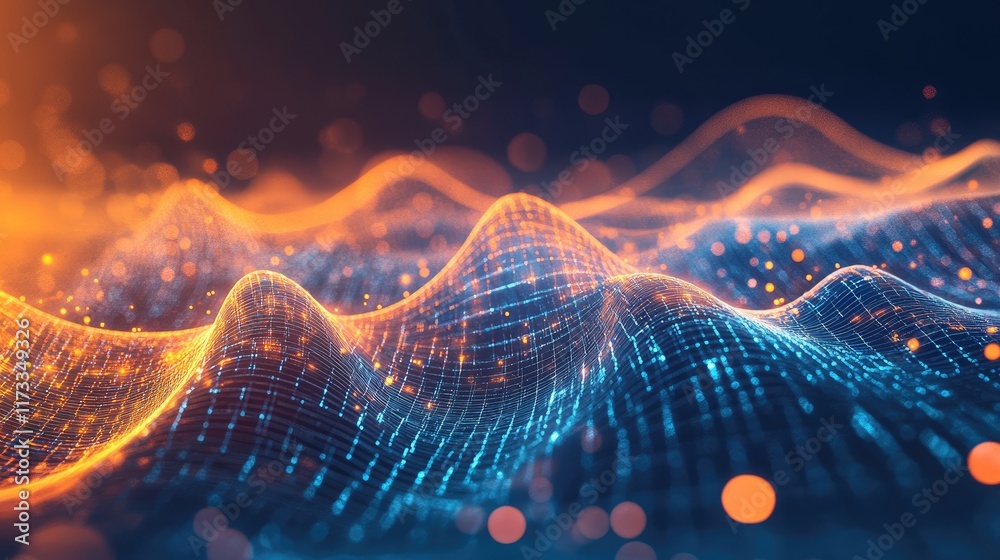Poster A digital grid and flowing data concept, illustrating a virtual museum in a virtual reality environment, highlighting modern information networks