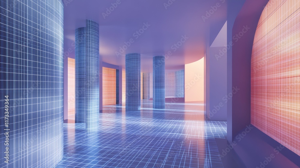 Poster A digital grid and flowing data concept, illustrating a virtual museum in a virtual reality environment, highlighting modern information networks