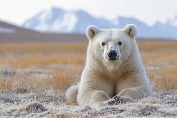 Naklejka premium Polar bear resting on a tundra landscape with mountains in the background during daytime in the Arctic region