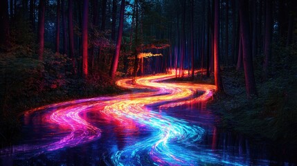 Vibrant car light trails create a pathway of magical possibilities beckoning those who dare to venture into the depths of the forest.