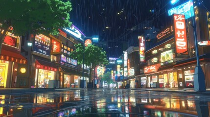 Rainy Night City Street Scene Vibrant Asian Cityscape