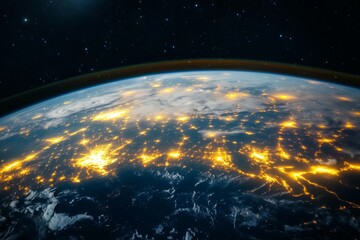 Obraz premium A night view of Korea from space, with city lights glowing in urban areas and dark spaces highlighting rural regions