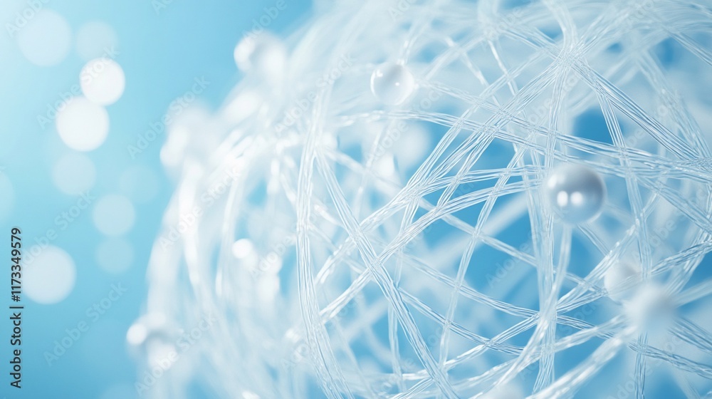 Poster abstract close-up of a white string ball with pearl accents against a blurred blue background.