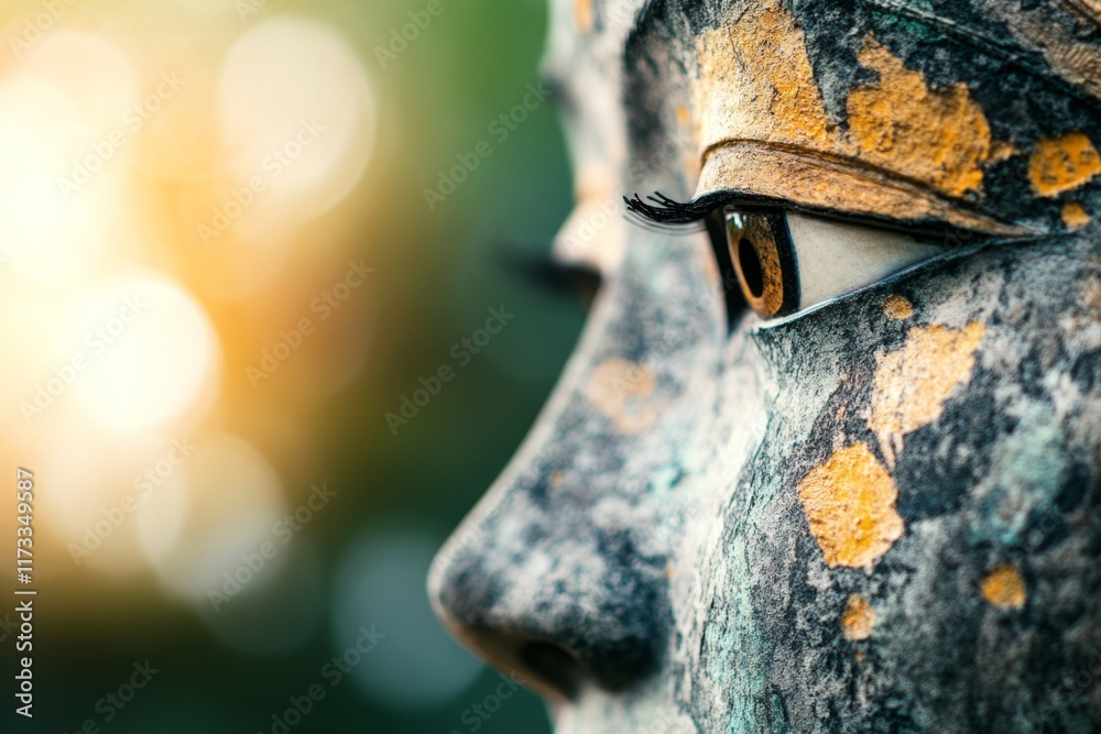 Poster a hyper-realistic close-up of a khmer apsara sculpture, with every detail of the weathered stone and