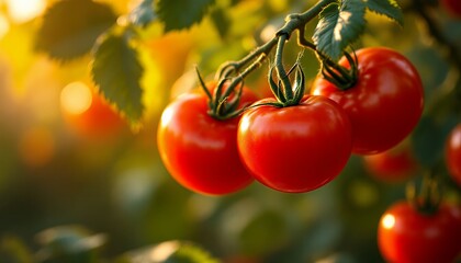 Juicy Red Tomatoes Ripe on the Vine at Sunset