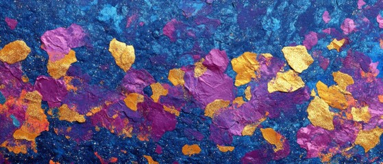 A colorful painting with gold and purple colors