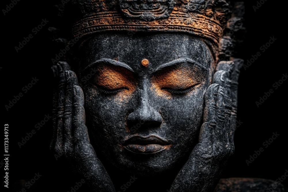 Poster a hyper-realistic close-up of a khmer apsara sculpture, with every detail of the weathered stone and