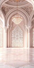 Obraz premium A large room with a chandelier hanging from the ceiling. The room is very large and has a lot of space