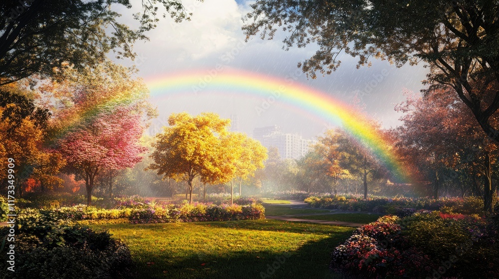 Poster A double rainbow arcs over a tranquil park, where the rain has just stopped, creating a captivating scene with trees and vivid grass
