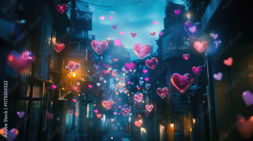 Poster a dreamy twilight cityscape with colorful transparent hearts hovering in the air, creating a romanti