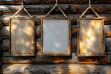 Three blank wooden frames hanging on ropes against a rustic log cabin wall with dappled sunlight