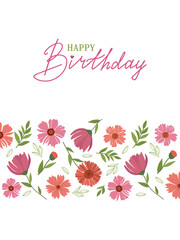 Adorable trendy birthday card. Floral stripe arrangement. Bright abstract flower design template for advertising promo, banner, poster, flyer, label or cover