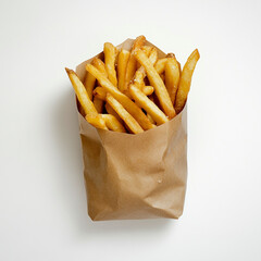 A brown paper bag filled with golden, crispy French fries is shown against a white background.