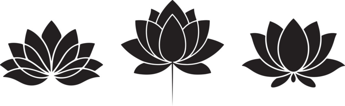 Silhouette vector of three black lotus flowers against a clean white background
